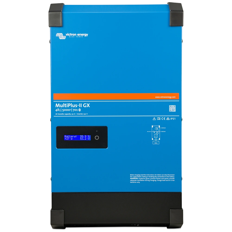 Інвертор Victron Energy MultiPlus-II GX 48/5000/70-50 &mdash; гібридний пристрій європейського виробництва з потужністю 5 кВА, вбудованим модулем моніторингу GX та високою надійністю для автономних та резервних систем електропостачання.