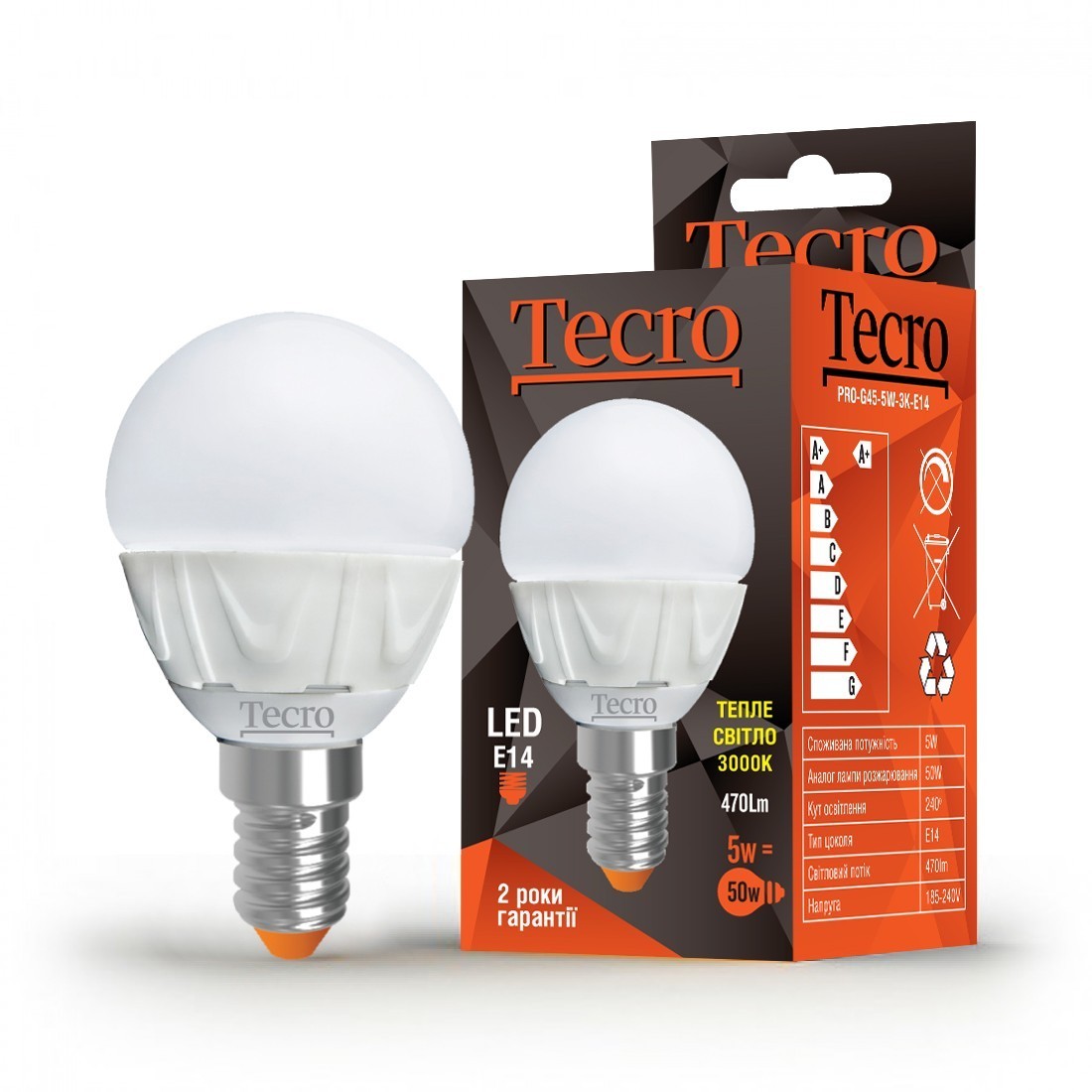 Лампа светодиодная e14 g45. Тип цоколя е14 (Миньон). Tecro.