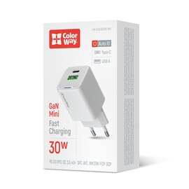 Зображення  Зарядний пристрій ColorWay GaN Mini 30W PD Port PPS USB (Type-C PD + USB QC4.0) White &mdash; CW-CHS053PD-WT