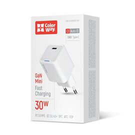 Зображення  Зарядний пристрій ColorWay GaN Mini 30W PD Port PPS USB-C White &mdash; CW-CHS054PD-WT