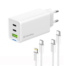 Зображення 5 Зарядний пристрій ColorWay GaN Mini 65W PD Port PPS USB (USB-2C1A) White + кабель Type-C&Lightning &mdash; CW-CHS058PDCL-WT