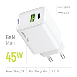 Зображення 6 Зарядний пристрій ColorWay GaN Mini 45W PD Port PPS USB (Type-C PD + USB QC4.0) White &mdash; CW-CHS060PD-WT