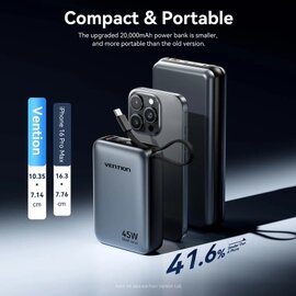 Зображення 5 Повербанк Vention 20000 mAh 45W Mini with Built-in USB-C Cable Gray (FHGH0)