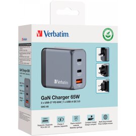 Зображення 3 Зарядний пристрій Verbatim GaN 65 W 3 ports (2xUSB-C-65 W /USB-A -3.0) (32201)