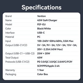 Зображення 5 Зарядний пристрій Vention 2xUSB-C PD45W GaN transparent white (FCFW0-EU)