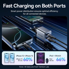 Зображення 6 Зарядний пристрій Vention 2xUSB-C PD45W GaN + cable USB-C 1.0m black gray (TZ-FCDH0-EU)