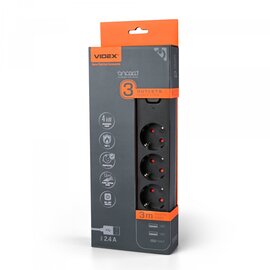 Изображение  Сетевой фильтр Videx Oncord с/з 3р 3м Switch Black (VF-PD33G2U1C-B) 3 розеток