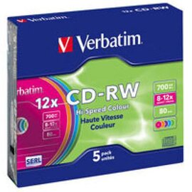 Изображение  Диск CD-RW Verbatim 700MB 12x Slim, 5шт Color - 43167