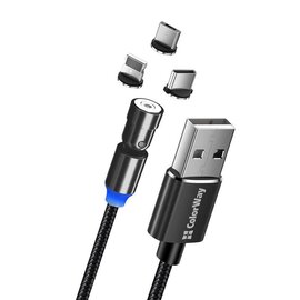 Зображення  Кабель ColorWay USB-Lightning + microUSB + USB-C Magnetic Rotation 540&deg;, 2.4А, 1м, Black - CW-CBUU03