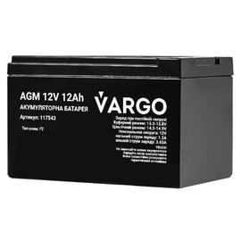 Зображення  Свинцево-кислотний акумулятор Vargo V-117543, 12V 12Ah, Ємність (Аг): 12 А&middot;год