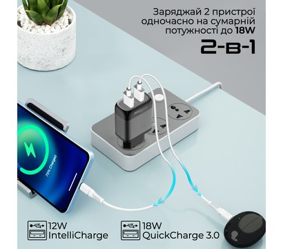 Зображення 2 Зарядний пристрій Promate BiPlug-QC3 Black