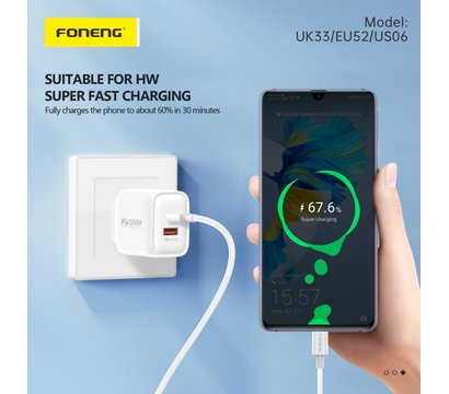 Изображение 2 Зарядное устройство Foneng PD30W (1xUSB, 1xType-C) White — EU52-CH