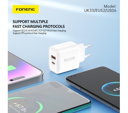 Изображение 3 Зарядное устройство Foneng PD30W (1xUSB, 1xType-C) White — EU52-CH