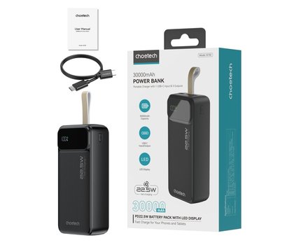 Изображение 3 Повербанк Choetech B730 30000mAh 22.5W QC3.0 PD3.0 Black, Емкость батареи: 30000 мА/ч