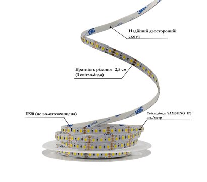 Зображення 2 LED стрічка Prolum SG 2835-120 IP20 12V 2700-6500К, white на 1600 Лм