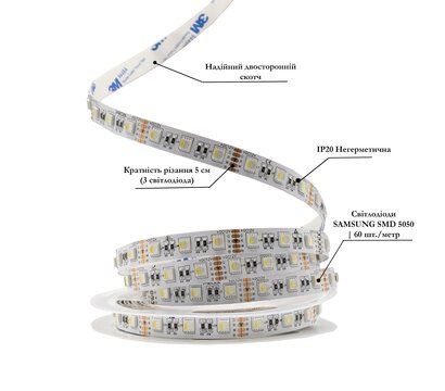 Изображение 3 LED лента Prolum Pro 5050-60 IP20 12V, RGB + W под 12В