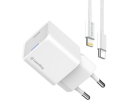 Зображення 2 Зарядний пристрій ColorWay GaN Mini 20W PD Port PPS USB-C White + кабель Lightning — CW-CHS059PDL-WT