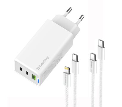 Изображение 2 Зарядное устройство ColorWay GaN Mini 65W PD Port PPS USB (USB-2C1A) White + кабель Type-C&Lightning — CW-CHS058PDCL-WT