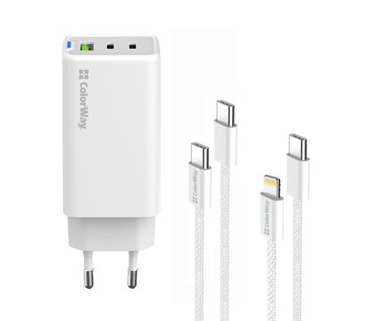 Изображение 3 Зарядное устройство ColorWay GaN Mini 65W PD Port PPS USB (USB-2C1A) White + кабель Type-C&Lightning — CW-CHS058PDCL-WT