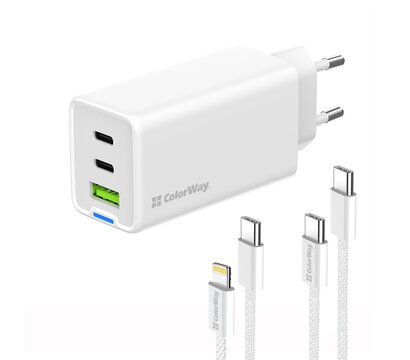 Изображение 5 Зарядное устройство ColorWay GaN Mini 65W PD Port PPS USB (USB-2C1A) White + кабель Type-C&Lightning — CW-CHS058PDCL-WT