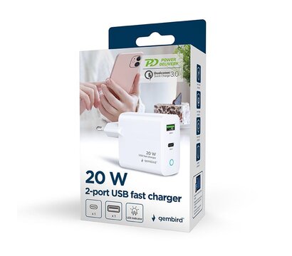 Изображение 5 Зарядное устройство Gembird TA-UC-PDQC20L-W-01 (1USBх3A 18W + 1USB-Cх3A 20W) White