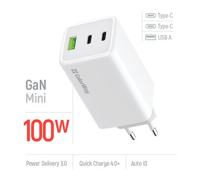 Изображение 6 Зарядное устройство ColorWay GaN Mini 100W PD Port PPS USB (USB-2C1A) White — CW-CHS061PD-WT