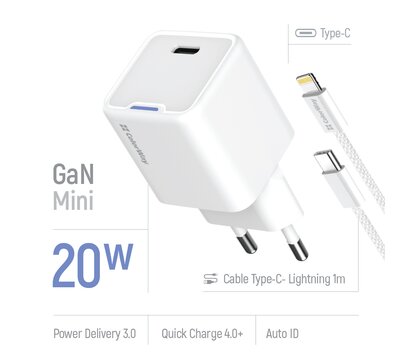 Зображення 6 Зарядний пристрій ColorWay GaN Mini 20W PD Port PPS USB-C White + кабель Lightning — CW-CHS059PDL-WT