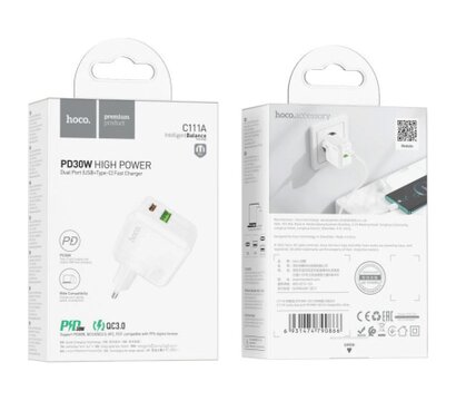 Изображение 4 Зарядное устройство Hoco C111A Lucky 1xUSB-C PD30W + 1xUSB QC3.0 White — 6931474790866