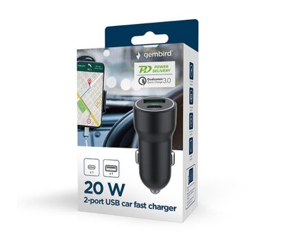 Зображення 5 Зарядний пристрій Gembird 1xUSB-A (18W QC3.0) + 1xUSB-C (20W PD) Black — TA-UC-A2PDQC20-CAR-01