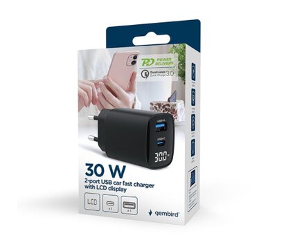Зображення 6 Зарядний пристрій Gembird 1xUSB-A (QC3.0 18W) + 1 Type-C (PD20W) LCD black — TA-UC-PDQC30LCD-BK-01