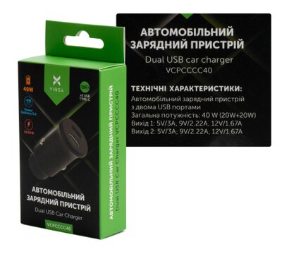Зображення 4 Зарядний пристрій Vinga 40W PD 2xUSB-C (20W+20W) Car Charger — VCPCCCC40