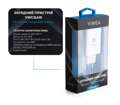 Зображення 4 Зарядний пристрій Vinga QC3.0 Quick Wall Charger 1xUSB 18W Max — VWCQAW