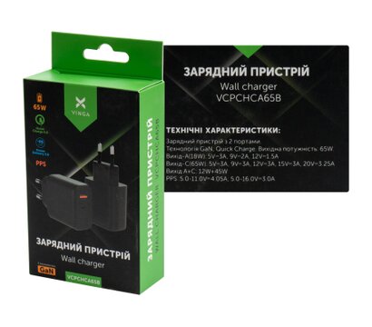 Зображення 5 Зарядний пристрій Vinga GaN 65W PD+QC 1C1A ports Wall Charger — VCPCHCA65B