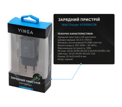 Зображення 5 Зарядний пристрій Vinga USB-C PD30W + USB-A QC30W Display 33W Max — VCR30ACDB