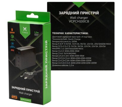 Зображення 6 Зарядний пристрій Vinga GaN 100W PD+QC 3C1A ports 1.2m Wired Charger — VCPCH100CB
