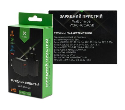 Зображення 6 Зарядний пристрій Vinga GaN 65W PD+QC 2C1A ports Wall Charger — VCPCHCCA65B