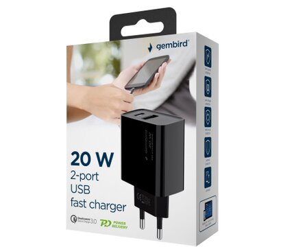 Зображення 6 Зарядний пристрій Gembird 1xUSB-A + 1 Type-C (PD20Вт + QC3.0 18Вт) Black — TA-UC-PDQC20-01-BK