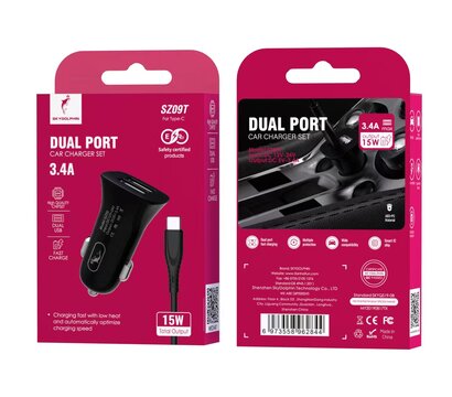 Зображення 2 Зарядний пристрій SkyDolphin SZ09T (2USB, 3.4A) Black + кабель Type-C — AZP-000110