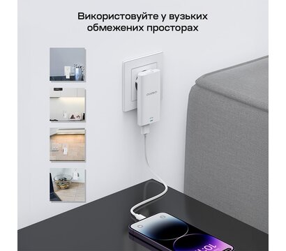Зображення 10 Зарядний пристрій Choetech PD6011 67W GaN Ultra Thin Wall Charger White (PD6011-EU-WH)