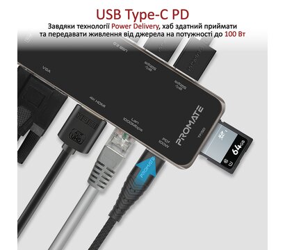 Зображення 3 USB Hub (хаб) Promate PrimeHub-Pro USB Type-C Grey (primehub-pro.grey)