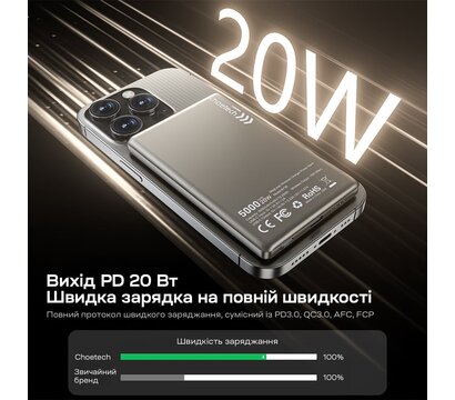 Изображение 7 Универсальная мобильная батарея Choetech B738 5000mAh QC3.0 PD3.0 White (43-00160), Цвет: белый