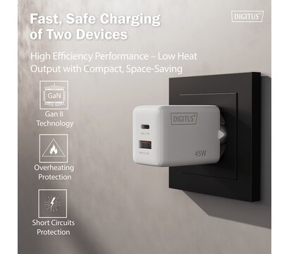 Зображення 4 Зарядний пристрій Digitus GaN 1хUSB-C, 1хUSB-A, 45W (DA-10302)