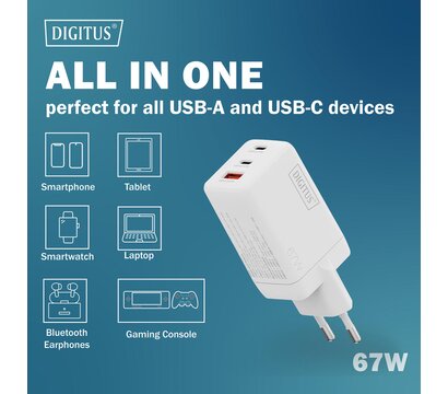 Зображення 4 Зарядний пристрій Digitus 2xUSB-C + 1xUSB 67W GaN (DA-10303)