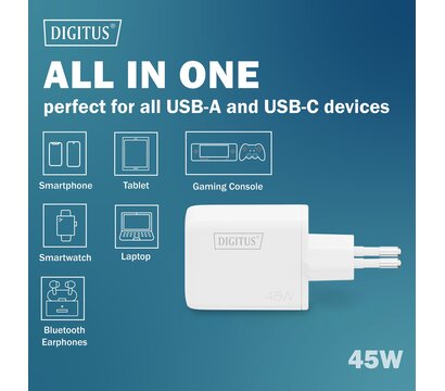Зображення 5 Зарядний пристрій Digitus GaN 1хUSB-C, 1хUSB-A, 45W (DA-10302)