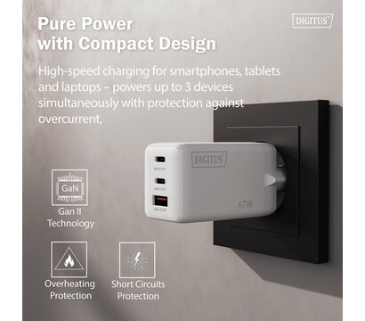Зображення 5 Зарядний пристрій Digitus 2xUSB-C + 1xUSB 67W GaN (DA-10303)