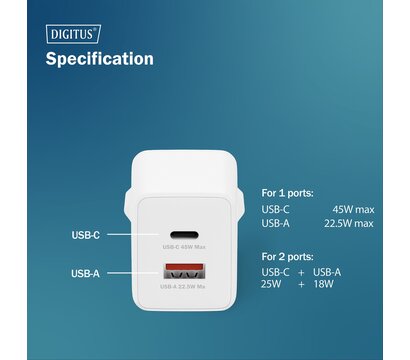 Зображення 6 Зарядний пристрій Digitus GaN 1хUSB-C, 1хUSB-A, 45W (DA-10302)