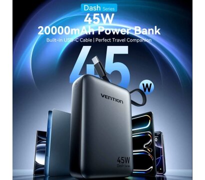Изображение 2 Повербанк Vention 20000 mAh 45W Mini with Built-in USB-C Cable Gray (FHGH0)