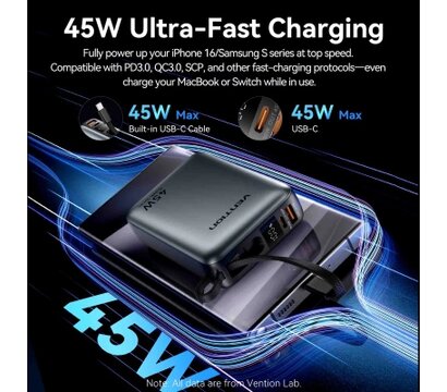 Изображение 6 Повербанк Vention 20000 mAh 45W Mini with Built-in USB-C Cable Gray (FHGH0)