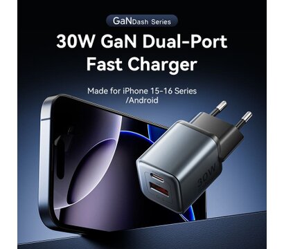 Зображення 2 Зарядний пристрій Vention 1xUSB-C PD30W + 1xUSB QC3.0 18W GaN gray (FEWH0-EU)