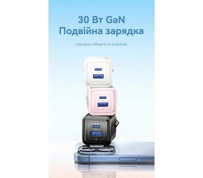 Зображення 2 Зарядний пристрій Vention 1xUSB-C PD30W + 1xUSB QC3.0 30W GaN white (FEQW0-EU)